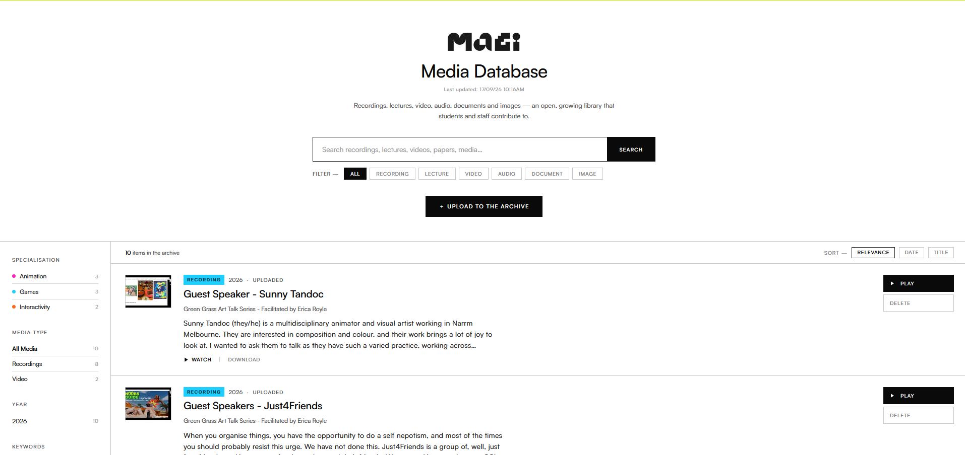 The Media Database, a searchable archive of recordings, lectures and documents