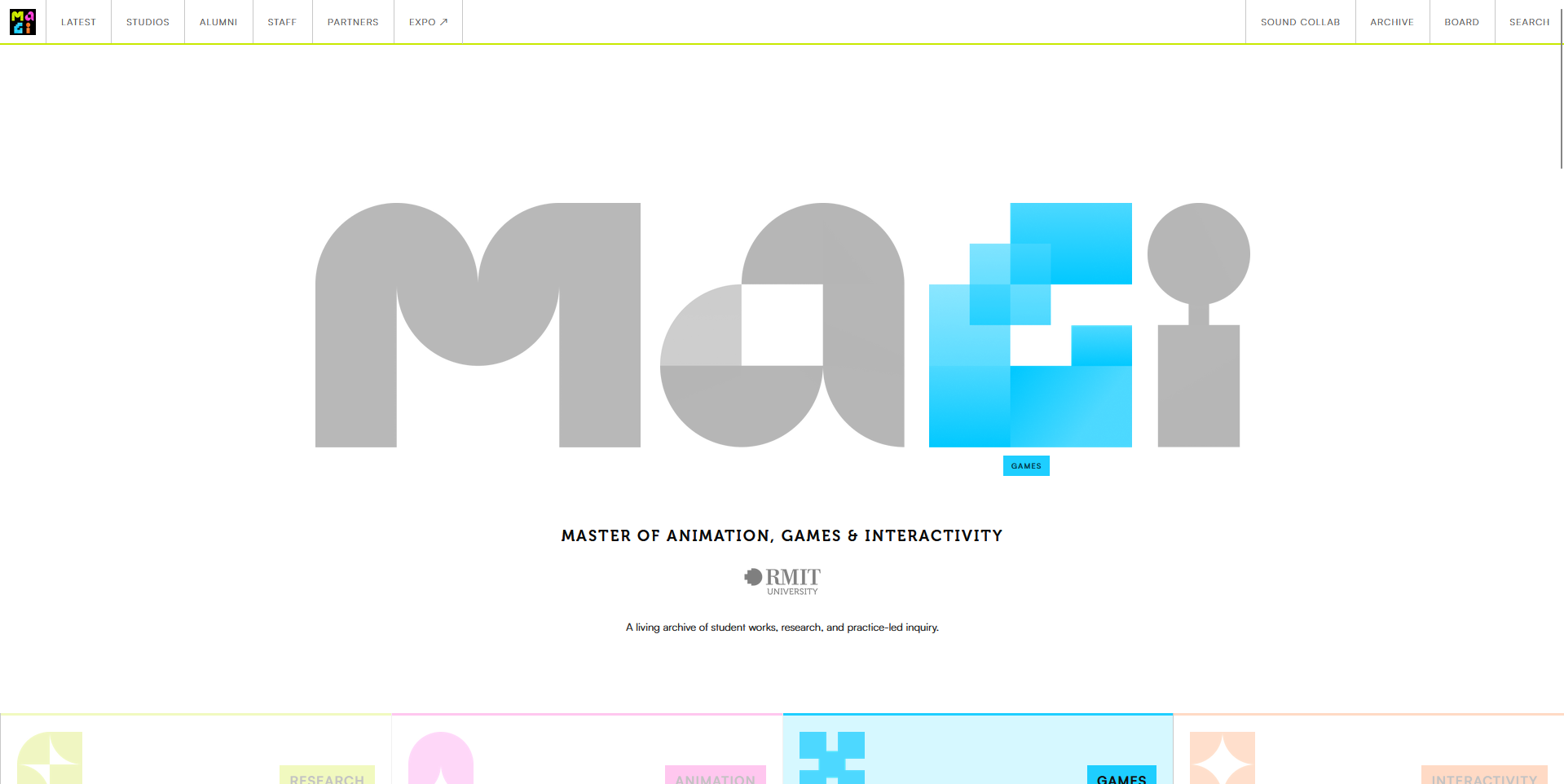 The MAGI landing page, the wordmark with the a mid-interaction, showing its Games state